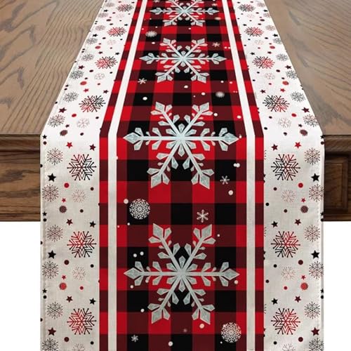 Jecdfs Camino de Mesa de Navidad,Camino de Mesa Navidad Lino,Traves de Mesa en Navidad 181x 32cm, Diseño de Muñeco de Nieve y Copos de Nieve – Rojo – Decoración de Invierno para Mesa de Comedor 4-6