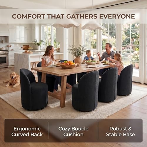 Image of HNY Upholstered Swivel Dining Chairs Set of 3, Mid Century Modern Kitchen Round Sherpa Boucle Dining Room Chairs, Barrel Comfy Armless Accent Makeup Vanity Side Chairs for Living Room, Black