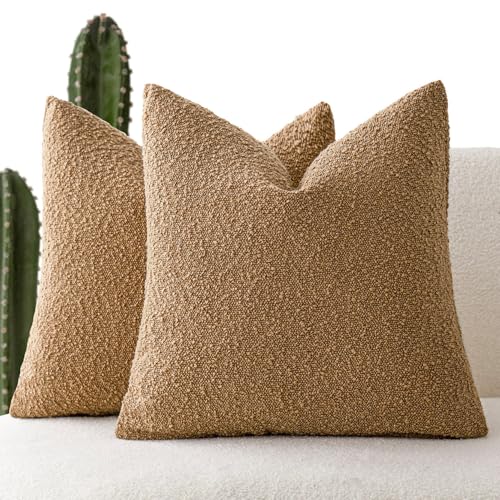 Image of Foindtower Set of 2, Decorative Textured Boucle Throw Pillow Covers Accent Solid Pillow Cases Neutral Soft Couch Cushion Case for Chair Sofa Bedroom Living Room Home Decor 26 x 26 Inch Rust Tobacco