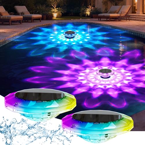 Quntis Luci Piscina Solari Galleggianti IP68 Impermeabili Illuminazione Solare Piscina con Telecomando, Luci per Piscina LED RGBCW Luce per Esterno Laghetto Festa 2 Pezzi