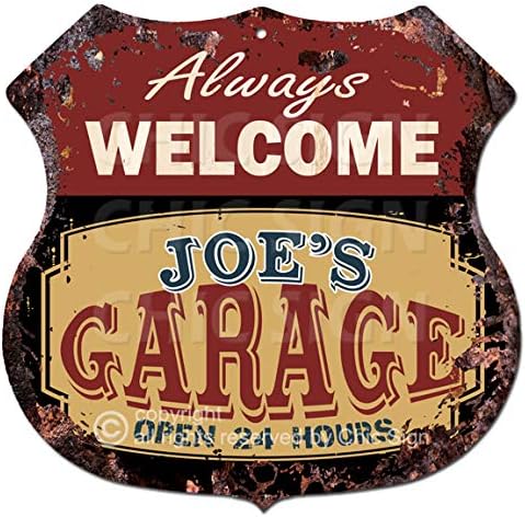 Always Welcome JOE'S GARAGE Open 24 hours Rustic Chic Sign Vintage Retro 11.5 x 11.5 pulgadas, Escudo de placa de metal, tienda de hogar, decoración