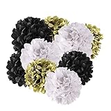 Andaz Press Hanging Tissue Paper Pom Poms Party Decor Trio Kit with Free Party Sign, Gold, Black, White, 6-Pack, for New Year's Cheers Bitches Bachelorette Shower Decorations