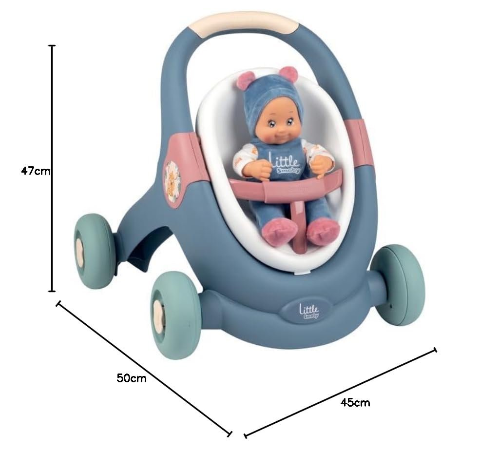 Smoby- Little Smoby Andador 3-en-1 con Muñeco 30cm, Andador, Cochecito y Asiento para Bebe de Juguete (7600140308)