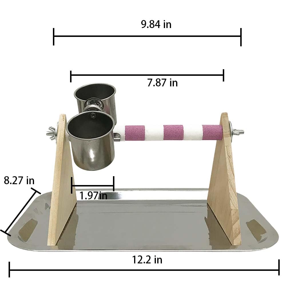 CXYYXF Bird Training Stand, Tabletop Bird Perch with Stainless Steel Feeder Cups for Small Parrots, Parakeets, Cockatiels, and Budgies (Grey, with Tray)
