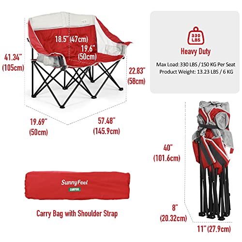 Sunnyfeel Folding Double Camping Chair, Oversized Loveseat Chair, Heavy Duty Portable/Foldable Lawn Chair With Storage For Outside/Outdoor/Travel/Picnic, Fold Up Camp Chairs For Adults 2 People #TOP4