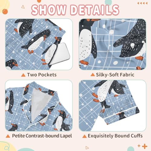 senya Penguins Plaid Blue Satin Summer Pajama Sets Silk Short Sleeve Button Down Sleepwear3