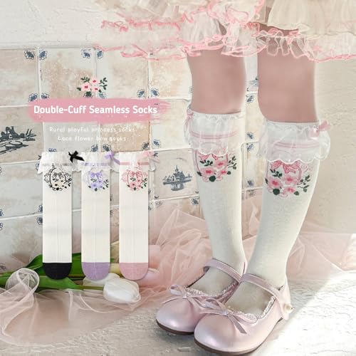 3 Pairs Toddler Girl Knee High Socks Kids Long Boot Socks with Bow Soft Breathable Summer2