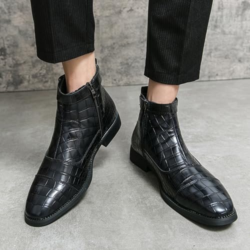 Men's Pattern Leather High Top Chelsea Boots with Buckle Strap Fashion British Style Pointed Toe Side Zipper Retro Business Dress Oxford Ankle Boots4
