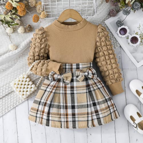Image of Noubeau Toddler Girls Plaid Outfits Girls Puff Sleeve Knit Ribbed Shirt Tops Plaid Skirt Set Kids Fall Winter Clothes