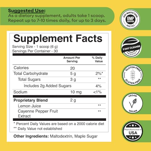 Master Cleanse Detox Powder- Lemonade Detox 3-Day Plant-Based Supplement with Lemon, Maple Syrup, and Cayenne Diet, 6.34oz Container - Image 3