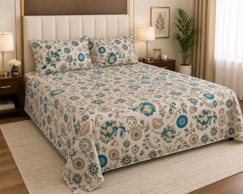 Image of Trance Home Linen 100% Cotton Bedsheet | Queen Size Printed Flat Bedsheet with 2 Pillow Covers (Queen 86x104 inch, Kalamkari Teal)