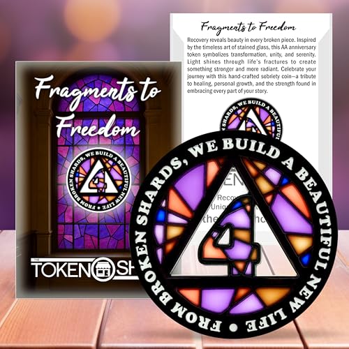 Image of Stained Glass 4 Year AA Chip Sobriety Coin Medallion, Fragments to Freedom Alcoholics Anonymous Addiction Recovery Anniversary Token, Inspirational Sober Gifts for Men and Women by the Token Shop