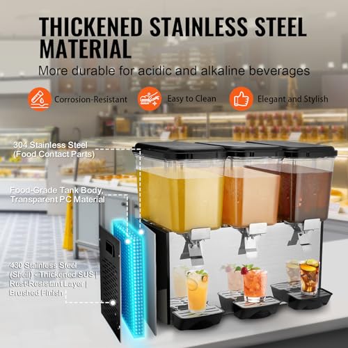 VEVOR Commercial Beverage Dispenser, 3 Tanks 18 L / 19 QT Per Tank Juice Dispenser, 512W Stainless Steel Ice Tea Drink Machine with 45°F-54°F Cooling Temperature, for Cold Drink Restaurant Bar Party