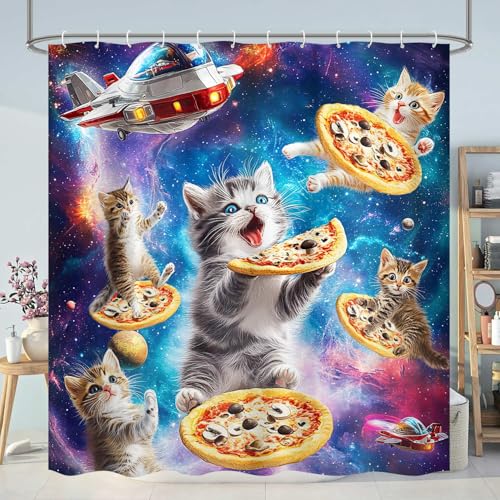 Image of Funny Shower Curtain, Galaxy Space Cute Cat Pizza Colorful Fabric Bathroom Accessories Decor Curtain, Cute Hilarious Anime Boys Girls Shower Curtains for Bathroom, with Hooks 72x72 Inch