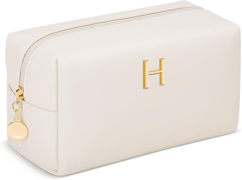 Necessaire de maquiagem e viagem KKXIU com letra metálica, bege