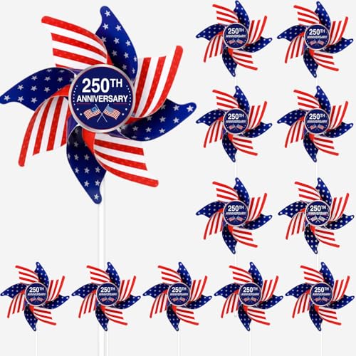 250th Anniversary America Flag Wind Spinners Patriotic Pinwheels Red White Blue Decor for 4th of July Memorial Day Veterans Day Yard Lawn Parade Party 12Pcs 250 Years Birthday 1776-2026 Decorations