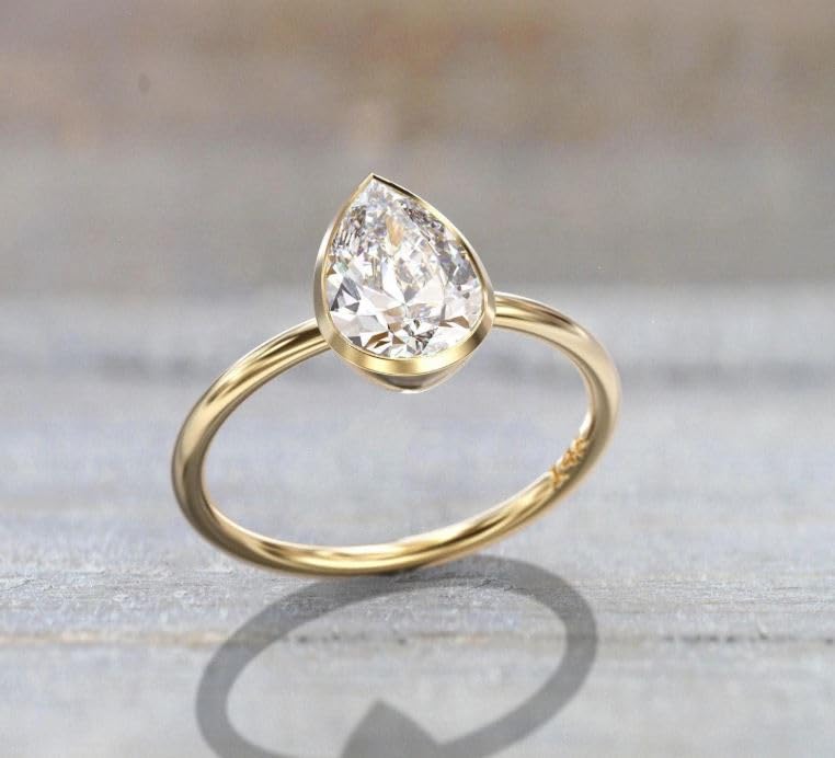 2.5 Ct Pear Cut Engagement Ring, bezel setting pear shaped ring, 14K solid Gold plated Ring, Pear Cut yellow gold plated Teardrop solitaire ring,bezel daimond setting.3