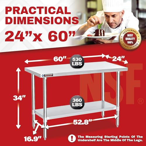 Image of DuraSteel 24x60 Stainless Steel Work Table - NSF Commercial Prep Metal Table w /Adjustable Under Shelf - Kitchen Outdoor Pizza Oven Stand, Garage Workbench, Laundry Utility Worktable - 350 lb Capacity
