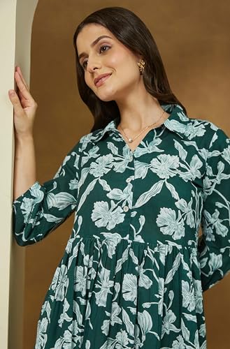 Image of Janasya Women's Green Pure Cotton Floral Printed Fit & Flare Dress