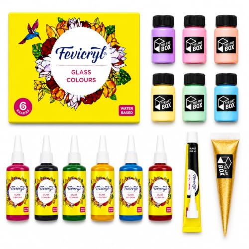 Image of Glass Painting Kit with 6 Fevicryl Glass Colours | 6 Pastel Acrylic Colours | Black Outliner | 20 ml Golden 3D Outliner | DIY Art Set for Kids & Adults | Home Decor & Gifting