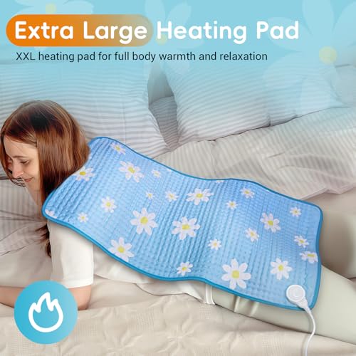 Image of Comfytemp Extra Large Heating Pad for Back & Period, 33''x 17'' King Size Heat Pad Soft and Stylish, FSA Eligible, HSA Approve Electric XL Shoulder /Neck /Knee Heated Pad, Washable (Blue & Daisy Print)