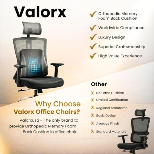 Image of ValorX USA Summit 2026 Ergonomic High Back Office Chair | Orthopedic Memory Foam Back Cushion | Smart Tilt-Lock Mechanism | Breathable Italian Mesh | 3D Armrest | 3 Year Warranty | Black & Grey
