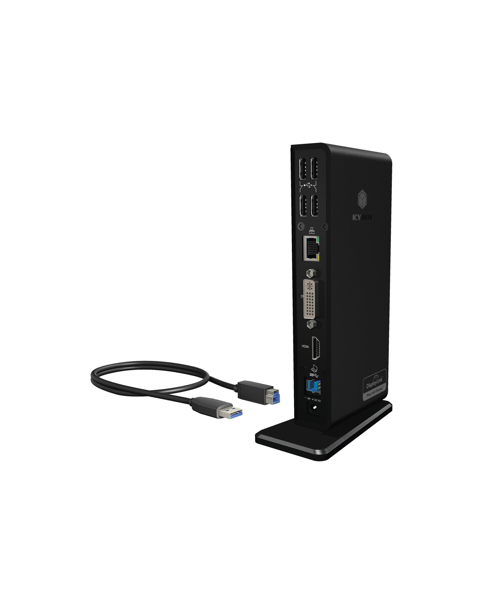 ICY BOX Laptop Docking Station (11-in-1) für 2 Monitore (1x HDMI und 1x DVI), 6x USB 3.0 HUB, Gigabit Ethernet, Audio, DisplayLink, IB-DK2241AC