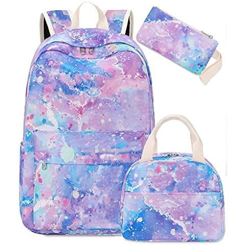 Girls School Backpack Galaxy Schoolbag Laptop Bookbag Insulated Lunch Tote Bag Purse Teens Boys Kids, Tie Dye- Purple, Travel Backpacks Cover