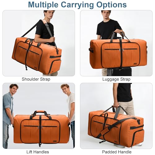 Image of Urtala Travel Duffel Bag for Women & Men, Large Foldable Overnight Weekender Bag with Shoes Compartment & Shoulder Strap, Lightweight Waterproof Luggage Bag, Orange, 80L, Practical, Casual, Sporty