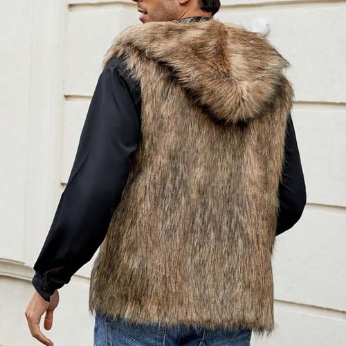 Men's Luxury Faux Fur Vest with Hood Winter Furry Sleeveless Jacket Fleece Open Front Cardigan Hoodie Coats Outwear3