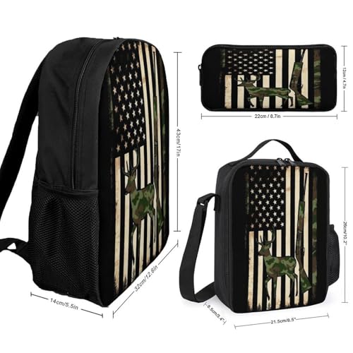 Fashion Collapsible Hunting Deer Camo Camouflage American Flag Black Backpack for Men Women, Lunch Bag Easy to Clean, Pencil Pouch for College2