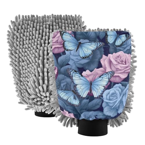 IOACIY Absorbent Microfiber Car Wash Drying Mitts, 2 Pack, Scratch-Free & Lint-Free, Rich Foam, Highly Absorbent, Double Sided, Wash Mitt Perfect for Car Washing, M, Butterfly Rose Flower