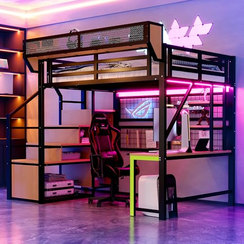 Sapgaks Lit Mezzanine Enfant en métal 140 × 200 cm avec Bureau,LED et Prise électrique,étagère et Filet de Rangement,lit superposé,Cadre de lit Mezzanine...