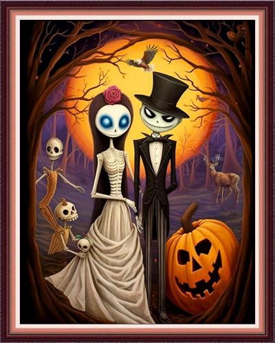 Image of Funxvoot Stamped Cross Stitch Kits for Beginners or Adults Embroidery Starter Patterns | DIY Printed Cross Stitch Kits Needlepoint for Adults 11CT-Skeleton Couple 16x20 inch