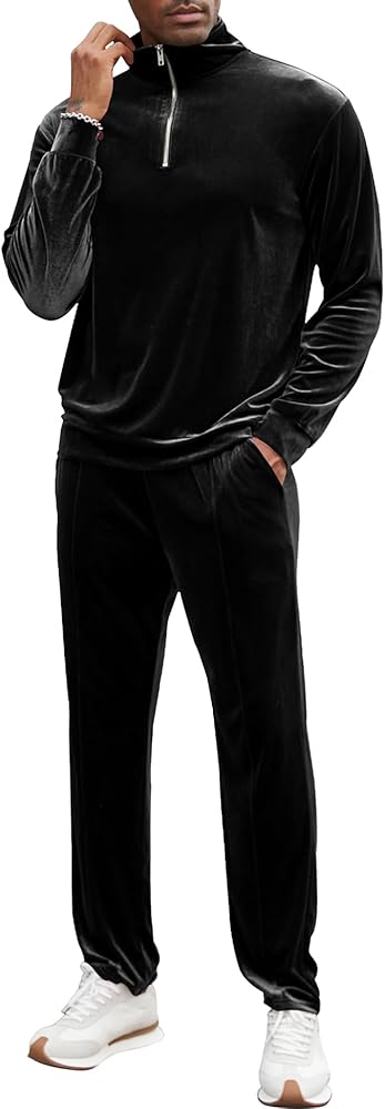 LecGee Men's Velvet Tracksuits Set Long Sleeve Causal Half Zip