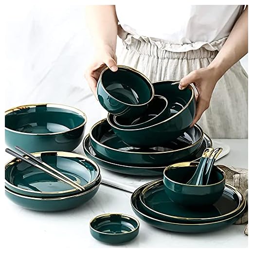 Juego de vajilla de cerámica de Regalo de Moda, 34 Uds, Juegos de Cena con Borde Dorado y Verde Oscuro, Juego de Platos y tazones para Servicio de Fiesta Familiar para 6
