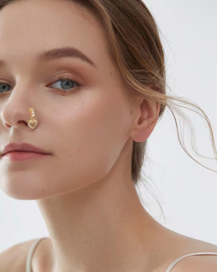 10 PCS Dangle Nose Rings Hoop for Women Gold L Shaped Rings Studs Dangling Septum Nose Piercing Jewelry Set Charm Heart Moon Butterfly Shape Cute Nose Rings Hoops Charm Cartilage Earring for Women