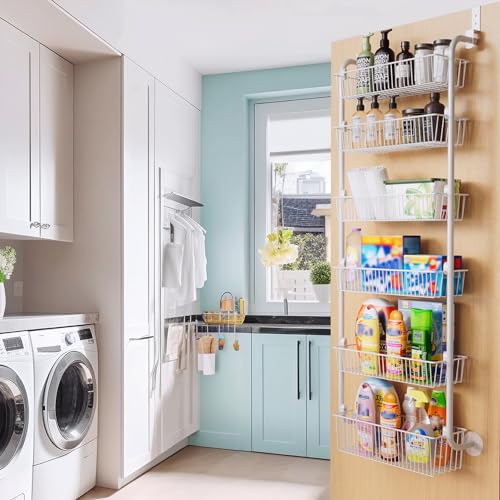 Image of Delamu Large Over the Door Pantry Organizer, 6-Tier Metal Pantry Door Organization and Storage for Easy Install, Hanging Spice Rack Seasoning Shelves for Cabinet & Kitchen, D6.7xW17.5xH53.7 in, White