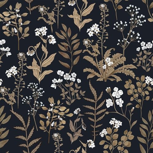 Abyssaly Peel and Stick Wallpaper Vintage Wallpaper Floral Contact Paper for Bedroom Shelf Liner Decor (Black, 17.7" x 394")