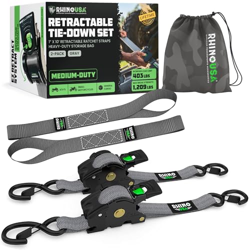 Image of Rhino USA Retractable Ratchet Straps (2-Pack) - 1 Inch x 10 Feet (1,209lb Break Strength) - Auto Self Retracting Tie Down Straps for Truck, Cargo Trailer, Motorcycle, ATV, UTV - Gray