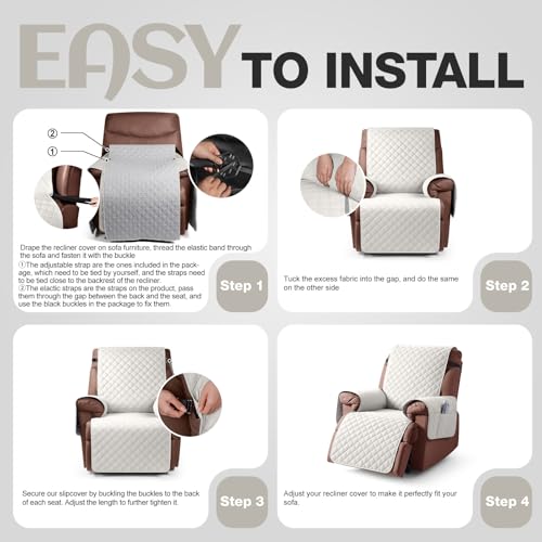 Image of KinCam 100% Waterproof Recliner Chair Cover, Reclining Couch Covers for Pets, Dogs, Recliner Couch Slipcover Furniture Protector with Elastic Straps for Kids(23.6 inch, Beige White)