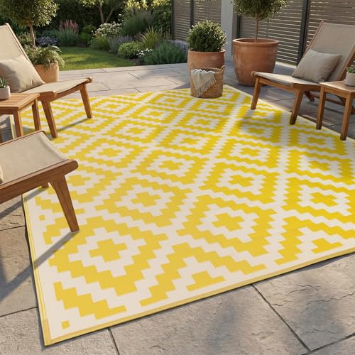 FH Home Outdoor Camping Rug - Waterproof Fade Resistant Reversible - Premium Recycled Plastic - Geometric - Picnic Patio Deck Sunroom RV - Aztec - Yellow & White - 4 x 6 ft Foldable