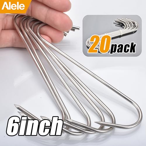 Alele 20Pcs Meat Hooks 6 Inches, Stainless Steel Lightweight Hook for Meat Processing Hanging Smoking