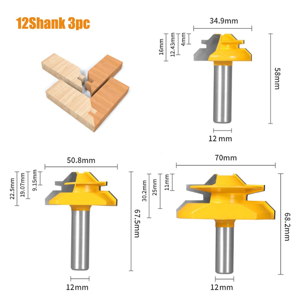 Zestaw frezów ukośnych z blokadą 45 stopni, 1/10.2 cm, 6 mm, 8 mm, 12 mm, trzpień, z węglika wolframu, do łączenia paneli (12 mm)