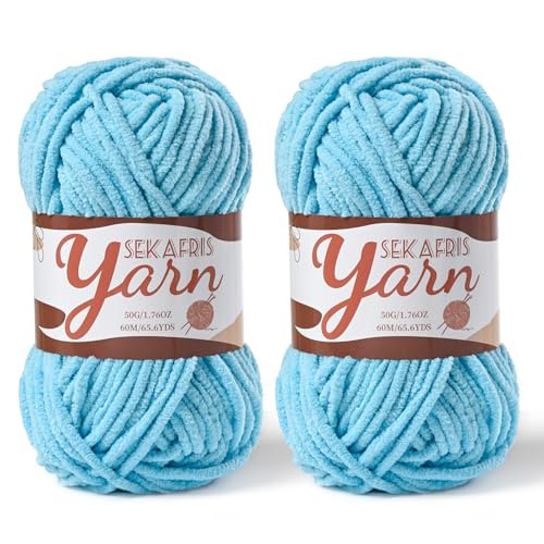 Image of 2 Pack Fluffy Velvet Yarn for Crocheting,Baby Blanket Yarn for Crocheting Soft,100g(131yds) Amigurumi Yarns,Plush Chenille Crochet Yarns,Puzzle Yarn for Crochet Weaving Craft(2 Azure)