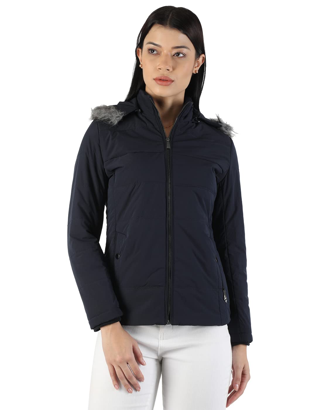 Monte Carlo Women Navy Blue Cotton Blend Solid Jacket, NAVY, 36