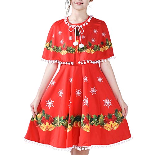 Sunny Fashion Girls Dress Jingle Bell Red Cape Cloak Christmas New Year
