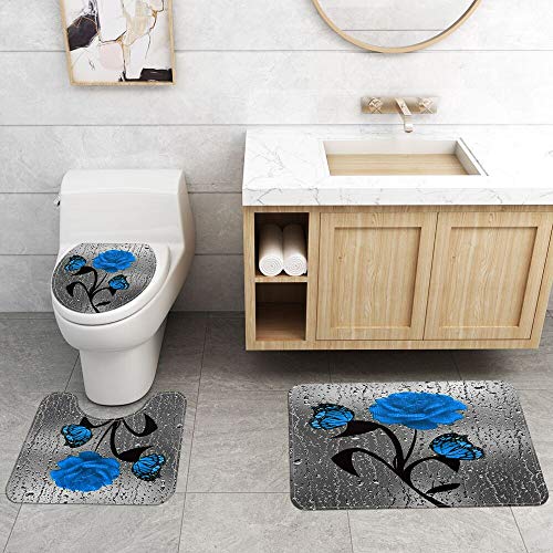 Booinxaa 4 Pcs Blue Rose Shower Curtain Sets with Non-Slip Rugs, Toilet Lid Cover and Bath Mat Accessories, 70 x 70 Inch Bathroom Curtains Set with 12 Hooks, Washable Waterproof Shower Curtains Decor