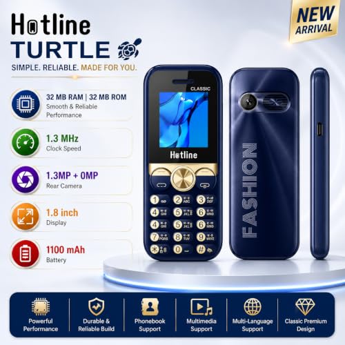 Image of HOTLINE Turtle Dual SIM Keypad Mobile Phone | 1.8 inch Display | Wireless FM | Digital Camera | Expandable Memory | LED Torch and Long Battery Life (Blue)