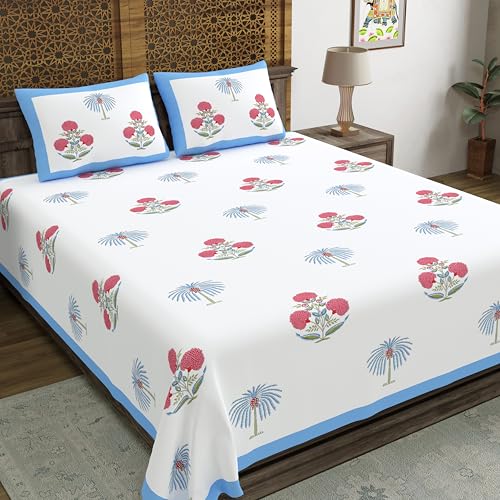 Image of BLOCKS OF INDIA Hand Block Printed 200 TC Cotton King Size Bedsheet (Open Blue Motifs)